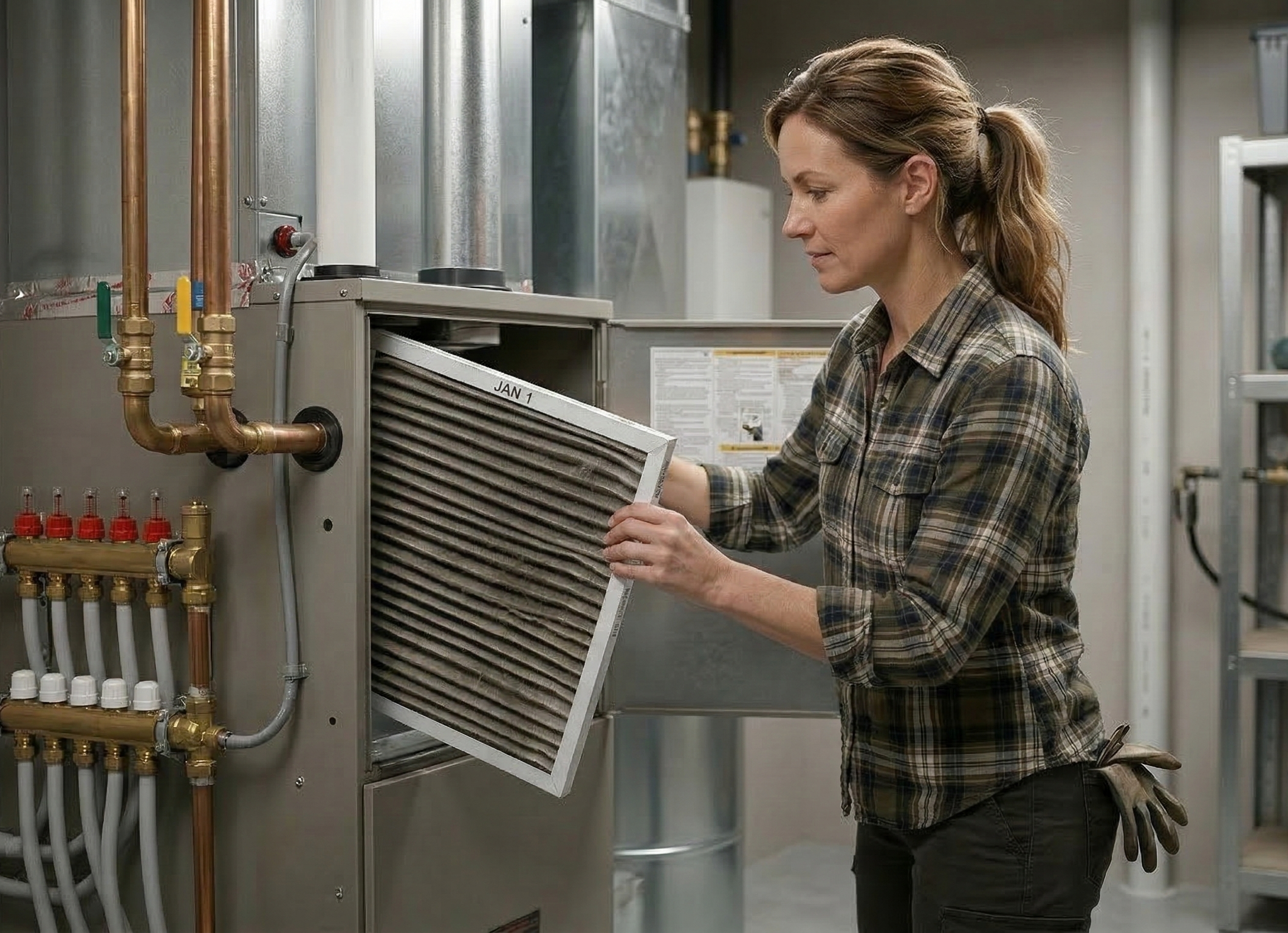 A homeowner conducting HVAC maintenance by replacing a filter.
