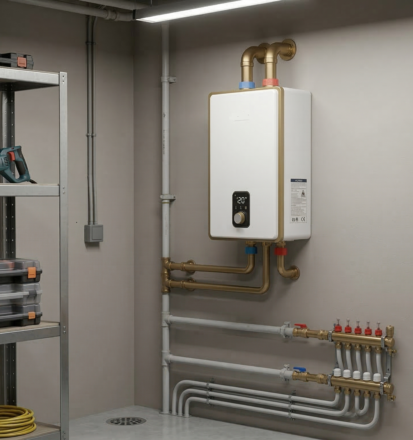 A tankless water heater in a basement.