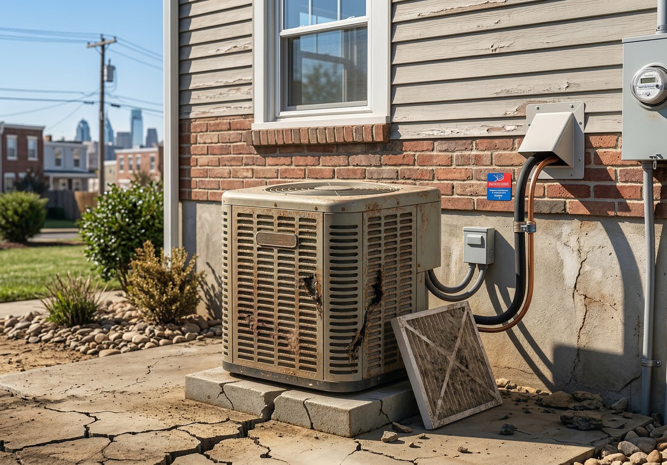 A poorly maintained outdoor unit with a short HVAC system lifespan.