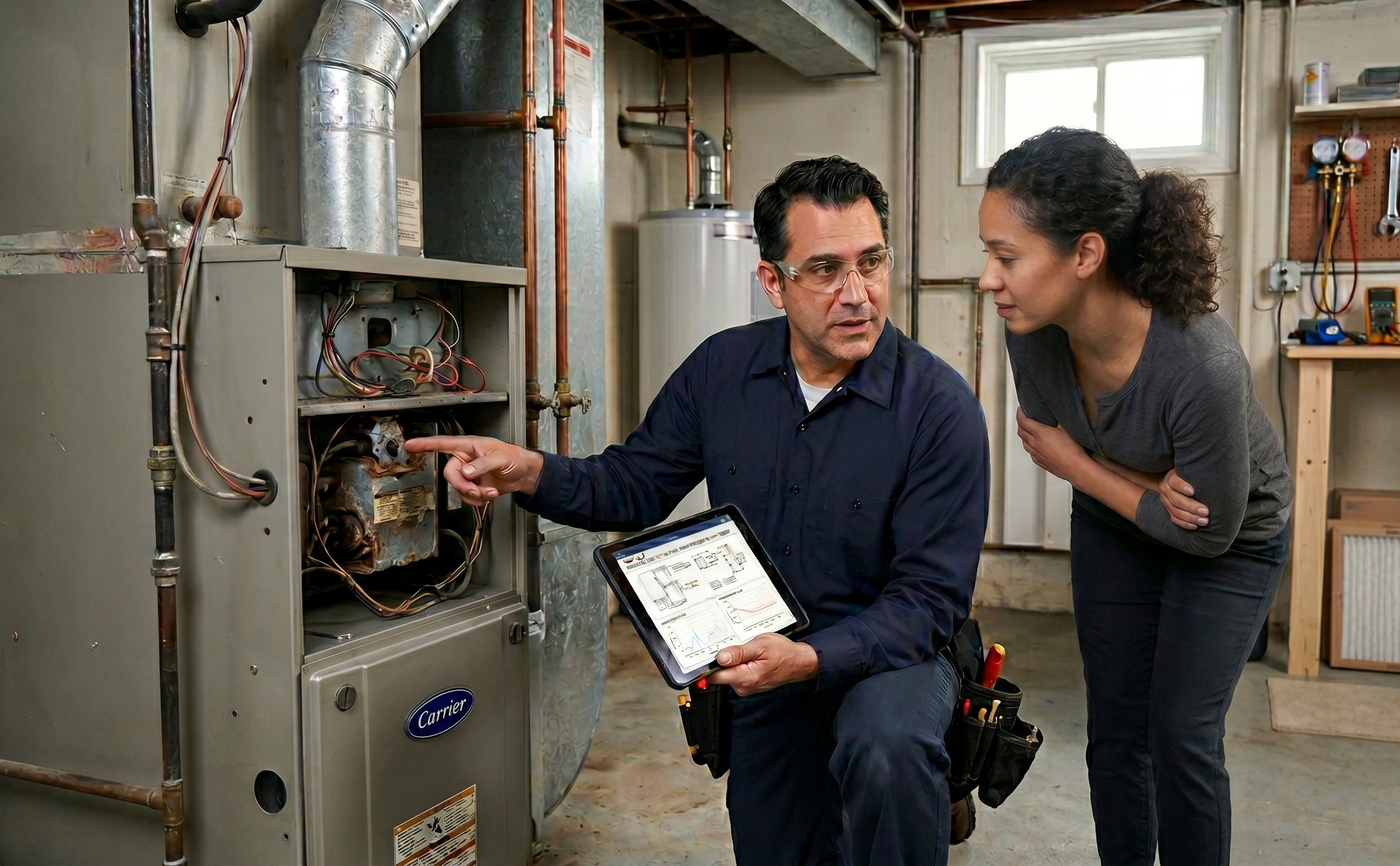 A technician talking to a homeowner about HVAC repair vs. replacement.
